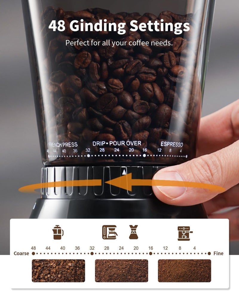 SHARDOR Professional Conical Burr Coffee Grinder, Coffee Bean Grinder with 48 Grind Settings for Espresso, Drip & French Press, Upgraded Anti-Static Technology, Precision Timer, Black - Image 3